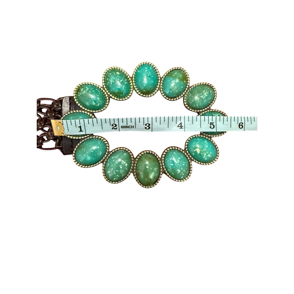Boho Faux Turquoise Stone Statement Belt Brown Woven Leather Wide Western Belt - Picture 5 of 9